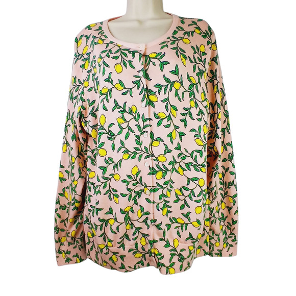 Lands' End SZ XL/18 Pink Cardigan Sweater With Lemons Art To Wear Cotton Plus - Picture 2 of 5